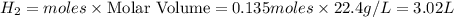 H_2=moles\times {\text {Molar Volume}}=0.135moles\times 22.4g/L=3.02L