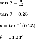 \mathbf{tan  \ \theta = \frac{3}{12}} \\ \\ \mathbf{tan  \ \theta = 0.25 } \\ \\ \mathbf{\theta = tan^{-1} (0.25)} \\ \\ \mathbf{\theta = 14.04^o}