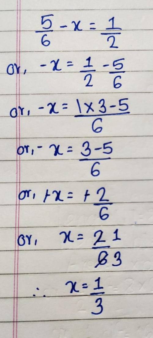 Find the missing fraction. 5/6 - ? = 1/2