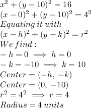 x^2 + (y - 10)^2 = 16\\(x-0)^2 + (y - 10)^2 = 4^2\\Equating\: it \: with\: \\(x-h)^2 + (y - k)^2 = r^2\\We\: find:\\-h = 0\implies h = 0\\-k = -10\implies k = 10\\Center = (-h,\:-k) \\Center = (0,\:-10) \\r^2 = 4^2\implies r = 4\\Radius = 4\:units