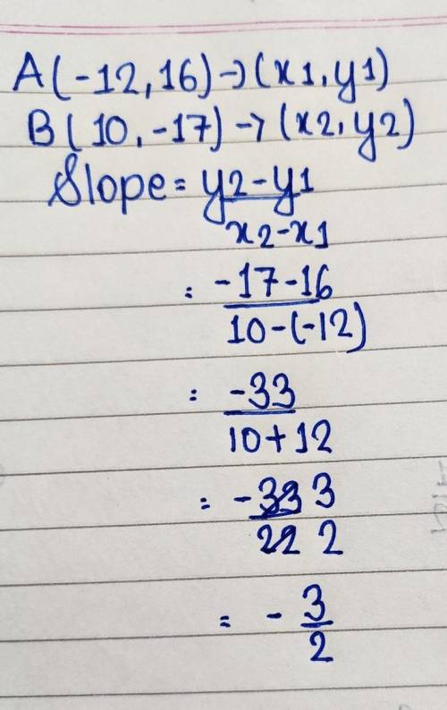 AB has endpoints at A(-12,16) and B(10,- 17). Find the slope of AB. A. - 3/2 B. - 2/3 C. - 1/2 D. 0