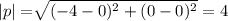 |p| = \sqrt[]{(-4-0)^2+(0-0)^2} = 4