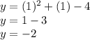 y=(1)^2+(1)-4\\y=1-3\\y=-2
