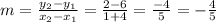 m=\frac{y_2-y_1}{x_2-x_1}=\frac{2-6}{1+4}=\frac{-4}{5}  =-\frac{4}{5}