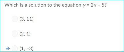 Which is a solution to the equation y=2x -5?  a.3,11 b.2,1 c.1,-3 d.5,-5