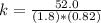 k = \frac{52 .0}{(1.8)* (0.82)}