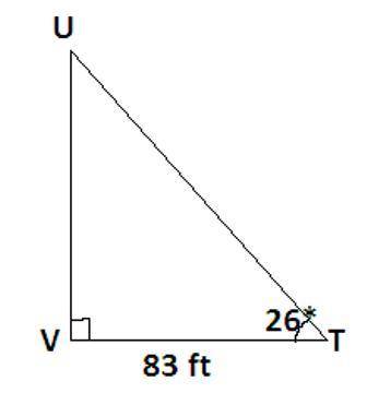 In ΔTUV, the measure of ∠V=90°, the measure of ∠T=26°, and VT = 83 feet. Find the length of UV to th