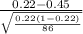\frac{0.22-0.45}{\sqrt{\frac{0.22(1-0.22)}{86} } }