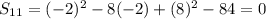 S_{11} = (-2) ^{2} -8 (-2) + (8) ^{2} -84 = 0