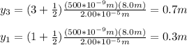 y_3=(3+\frac{1}{2})\frac{(500*10^{-9}m)(8.0m)}{2.00*10^{-5}m}=0.7m\\\\y_1=(1+\frac{1}{2})\frac{(500*10^{-9}m)(8.0m)}{2.00*10^{-5}m}=0.3m