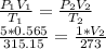 \frac{P_1V_1}{T_1} = \frac{P_2V_2}{T_2}\\\frac{5*0.565}{315.15} = \frac{1*V_2}{273}