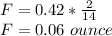 F=0.42*\frac{2}{14}\\ F=0.06\ ounce