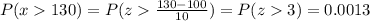 P( x  130 ) = P( z\frac{130-100}{10})=P(z3) = 0.0013