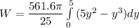 W = \dfrac{561.6 \pi}{25} \int\limits^5_0 {(5y^2-y^3)} dy