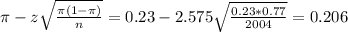 \pi - z\sqrt{\frac{\pi(1-\pi)}{n}} = 0.23 - 2.575\sqrt{\frac{0.23*0.77}{2004}} = 0.206