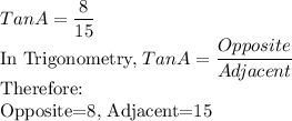 Tan A=\dfrac{8}{15}\\$In Trigonometry, $Tan A=\dfrac{Opposite}{Adjacent}\\$Therefore:\\Opposite=8, Adjacent=15