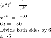 (x^a)^6=\dfrac{1}{x^{30}}\\\\x^{a*6}=x^{-30}\\6a=-30\\$Divide both sides by 6\\a=-5