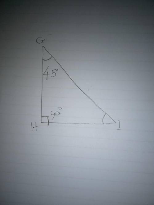 In the right triangle shown, m ∠ G = 45 ° m∠G=45°m, angle, G, equals, 45, degree and H I = 7 HI=7H,