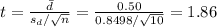 t=\frac{\bar d}{s_{d}/\sqrt{n}}=\frac{0.50}{0.8498/\sqrt{10}}=1.86