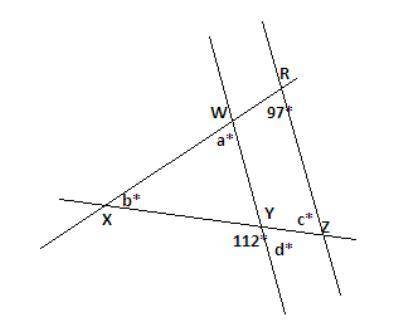 Examine the relationships that exist in the diagram below. find the measures of angles a, b, c, and