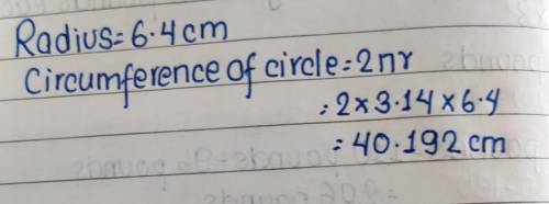 What is the circumference of the circle? Use 3.14 for . r = 6.4 cm © 20.096 cm 040.192 cm 0 200.96 c