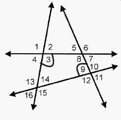 In the diagram, which two angles are alternate interior angles with angle 14? 4 lines intersect to f
