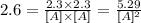 2.6 = \frac{2.3\times 2.3}{[A]\times [A]} = \frac{5.29}{[A]^2}
