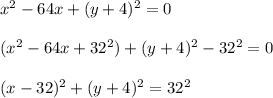 x^2-64x+(y+4)^2=0\\\\(x^2-64x+32^2)+(y+4)^2-32^2=0\\\\(x-32)^2+(y+4)^2=32^2