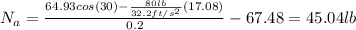 N_a=\frac{64.93cos(30)-\frac{80lb}{32.2ft/s^2}(17.08)}{0.2}-67.48 = 45.04lb