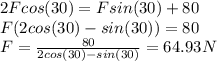 2Fcos(30)=Fsin(30)+80\\F(2cos(30)-sin(30))=80\\F=\frac{80}{2cos(30)-sin(30)} =64.93N