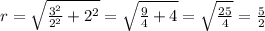 r=\sqrt{\frac{3^2}{2^2}+2^2}=\sqrt{\frac{9}{4}+4}=\sqrt{\frac{25}{4}}=\frac{5}{2}
