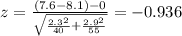 z=\frac{(7.6-8.1)-0}{\sqrt{\frac{2.3^2}{40}+\frac{2.9^2}{55}}}}=-0.936