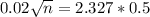 0.02\sqrt{n} = 2.327*0.5