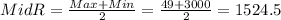 MidR= \frac{Max +Min}{2}= \frac{49+3000}{2}= 1524.5