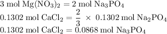 \rm 3\;mol\;Mg(NO_3)_2=2\;mol\;Na_3PO_4\\0.1302\;mol\;CaCl_2=\dfrac{2}{3}\;\times\;0.1302\;mol\;Na_2PO_4\\ 0.1302\;mol\;CaCl_2=0.0868\;mol\;Na_3PO_4