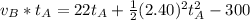 v_B * t_A = 22t_A  + \frac{1}{2} (2.40)^2 t_A^2 - 300