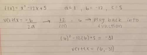 What are the coordinates of the vertex of the function f(x) = x2 - 12x + 5? O (6, 31) O (-6, 31) O (