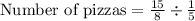 \text{Number of pizzas}=\frac{15}{8}\div \frac{1}{5}