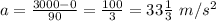 a = \frac{3000 - 0 }{90}  = \frac{100}{3} = 33\tfrac{1}{3} \ m/s^2