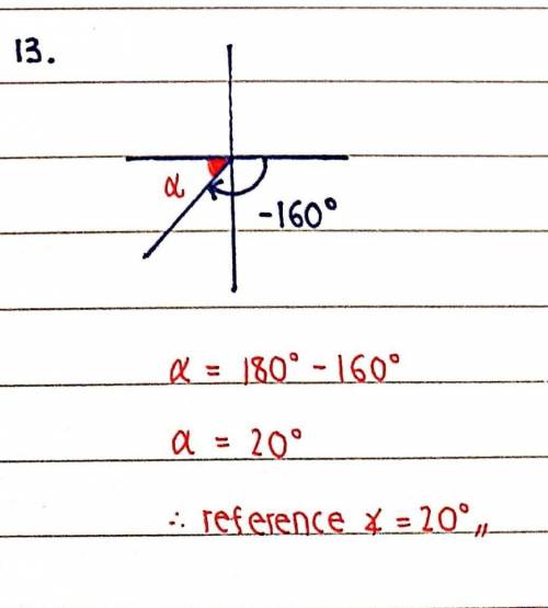 Find the measure of the reference angle for each given angle. Part 2 13. Θ = -160° 14. Θ = 345° 15.