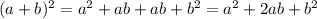 (a + b)^2=a^2+ab+ab+b^2=a^2+2ab+b^2