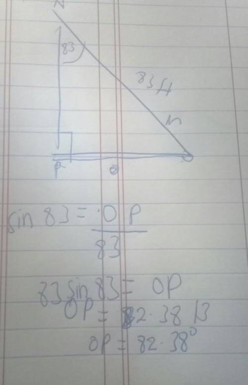 In ΔNOP, the measure of ∠P=90°, the measure of ∠N=83°, and NO = 83 feet. Find the length of OP to th