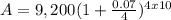 A = 9,200 (1 +\frac{0.07}{4}) ^{4   x    10}