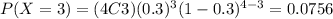 P(X=3)=(4C3)(0.3)^3 (1-0.3)^{4-3}=0.0756