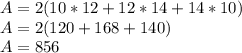 A=2(10*12+12*14+14*10)\\A = 2 (120 + 168 + 140)\\A = 856