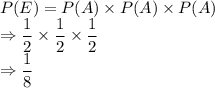 P(E) = P(A) \times P(A) \times P(A)\\\Rightarrow \dfrac{1}{2} \times \dfrac{1}{2} \times \dfrac{1}{2}\\\Rightarrow \dfrac{1}{8}