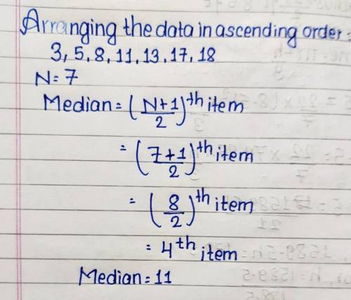 What is the median of the data set? 3, 17, 11, 8, 13, 5, 18