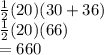 \frac{1}{2}(20)(30+36)\\\frac{1}{2}(20)(66)\\=660
