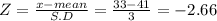 Z = \frac{x -mean}{S.D} =\frac{33-41}{3} = -2.66