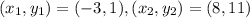 (x_1,y_1)=(-3,1), (x_2,y_2)=(8,11)
